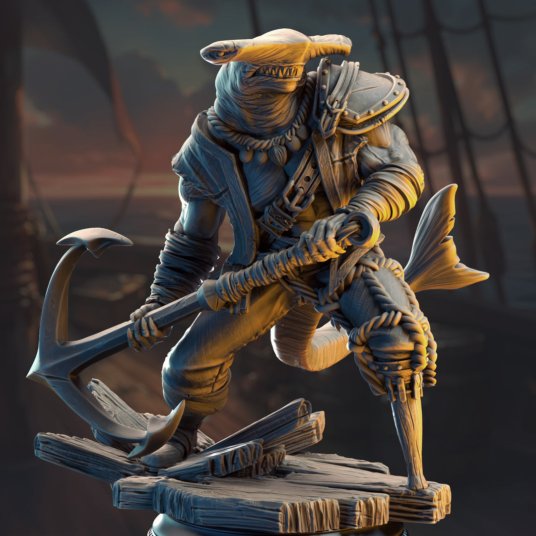 Sharkman Pirate Enforcer - Baz "Smiley" Armstrong unpainted resin character miniature by DM Stash, 28-32mm DnD tabletop model.