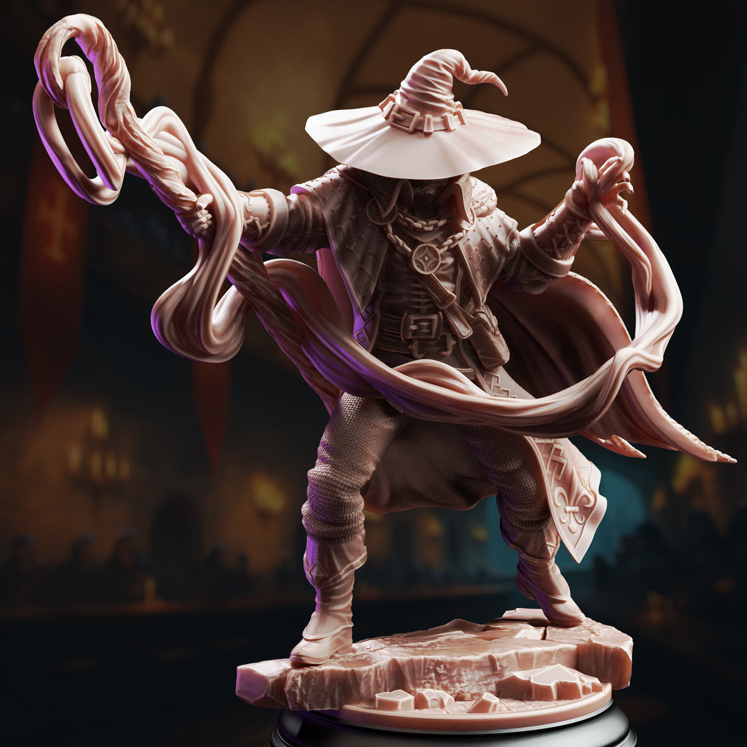 Master Mage - Big Hat Harrison unpainted resin mage miniature by DM Stash, 28-32mm DnD tabletop model.