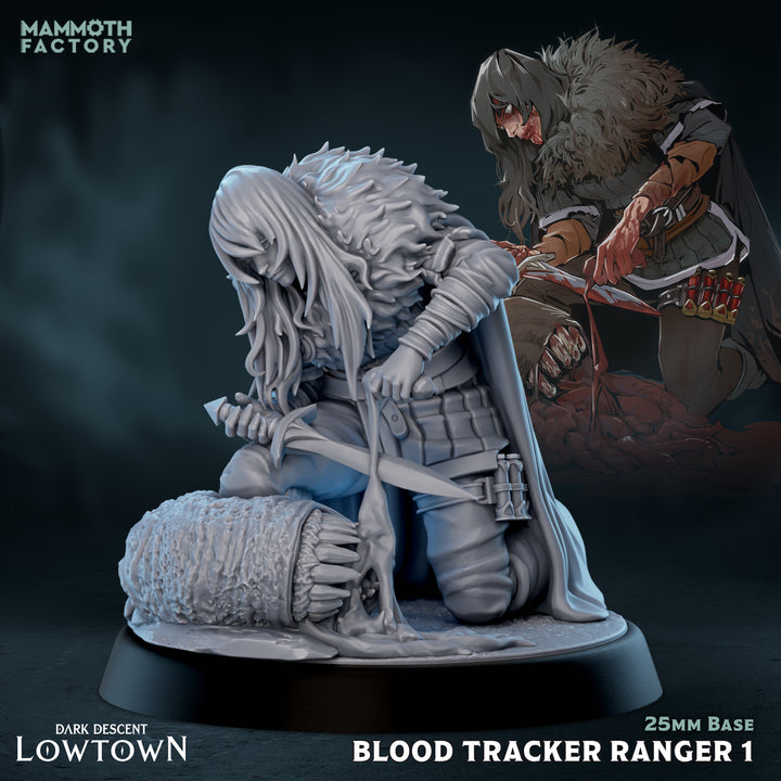 Blood Tracker Ranger unpainted resin elf miniature by Mammoth Factory, 28-32mm DnD tabletop model.