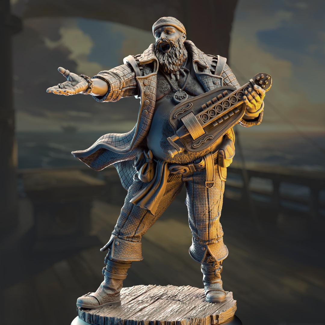 Hurdy Gurdy Pirate Bard - Bossman Bill unpainted resin bard miniature by DM Stash, 28-32mm DnD tabletop model.