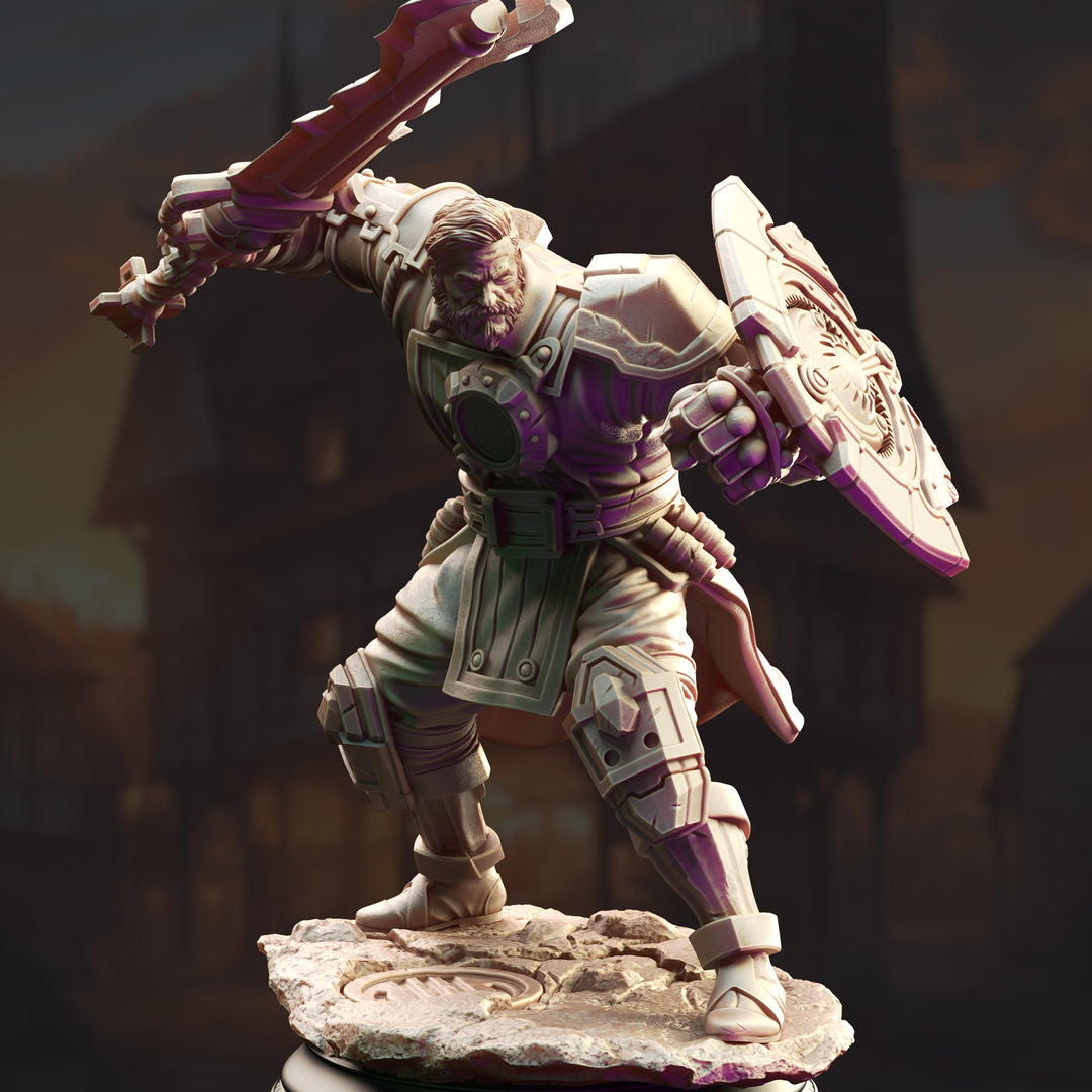 Human Artificer Enforcer - Brandyn Broadoak unpainted resin artificer miniature by DM Stash, 28-32mm DnD tabletop model.