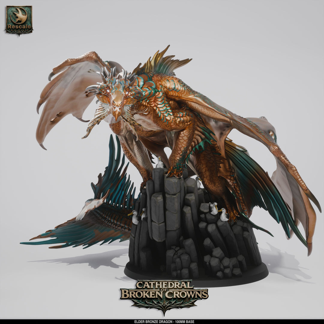 Elder Bronze Dragon unpainted resin dragon centerpiece miniature by Rescale Miniatures, 28-32mm DnD tabletop model.