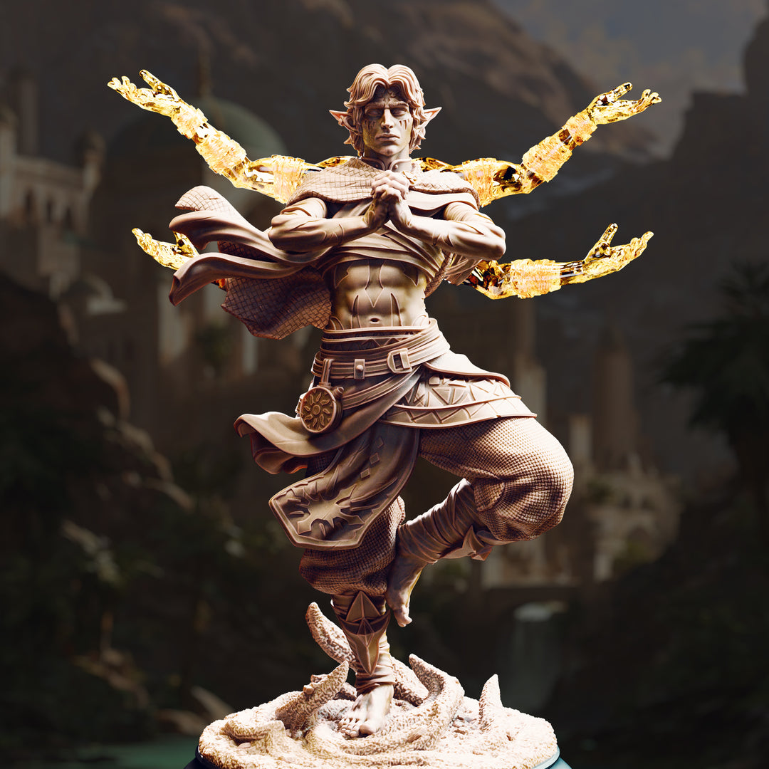 Monk of the Astral Sun - Caryian unpainted resin elf miniature by DM Stash, 28-32mm DnD tabletop model.