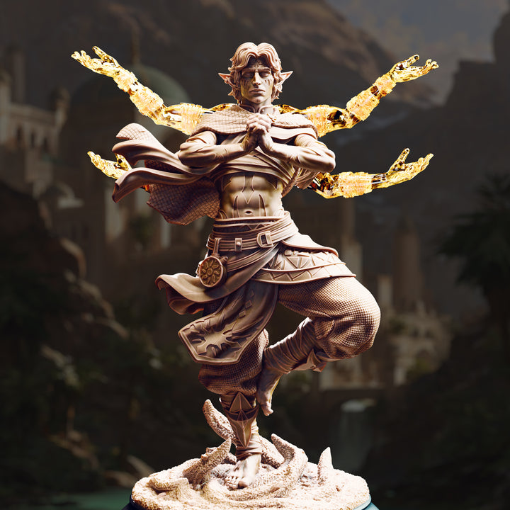 Monk of the Astral Sun - Caryian unpainted resin elf miniature by DM Stash, 28-32mm DnD tabletop model.