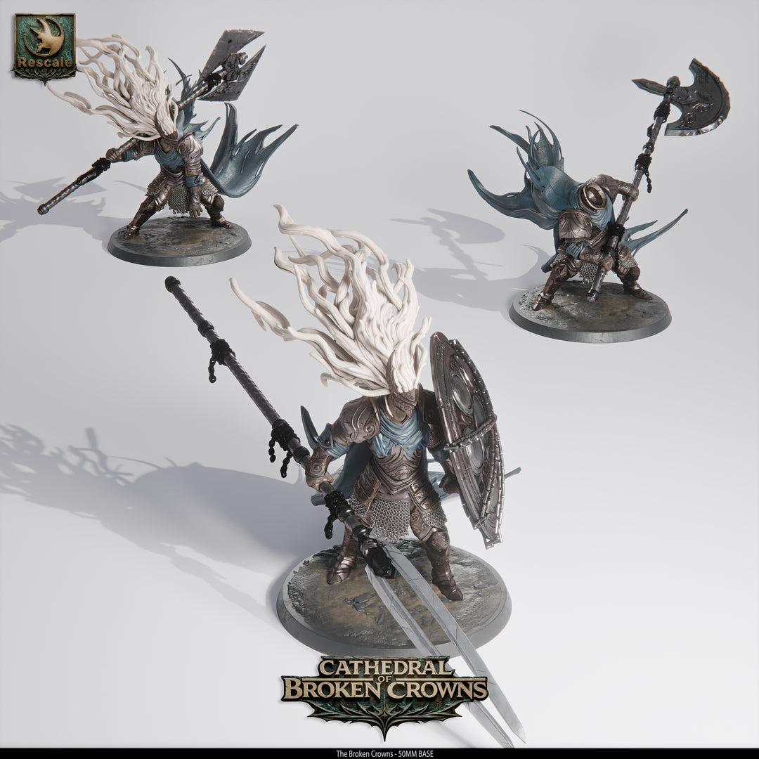 The Broken Crowns unpainted resin character miniature by Rescale Miniatures, 28-32mm DnD tabletop model.
