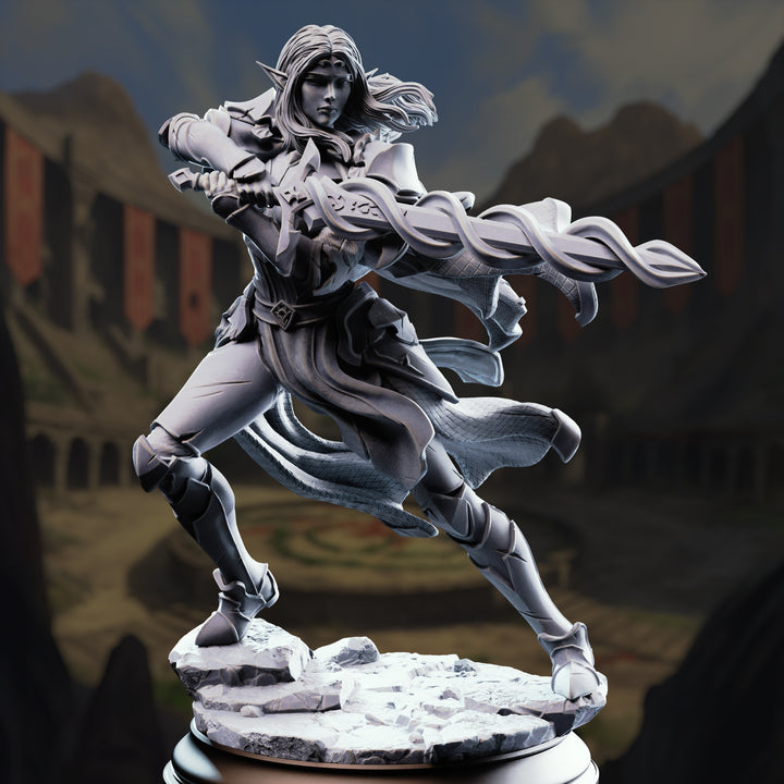 High Elf Spellsword - Cerindelia of House Verani unpainted resin elf miniature by DM Stash, 28-32mm DnD tabletop model.