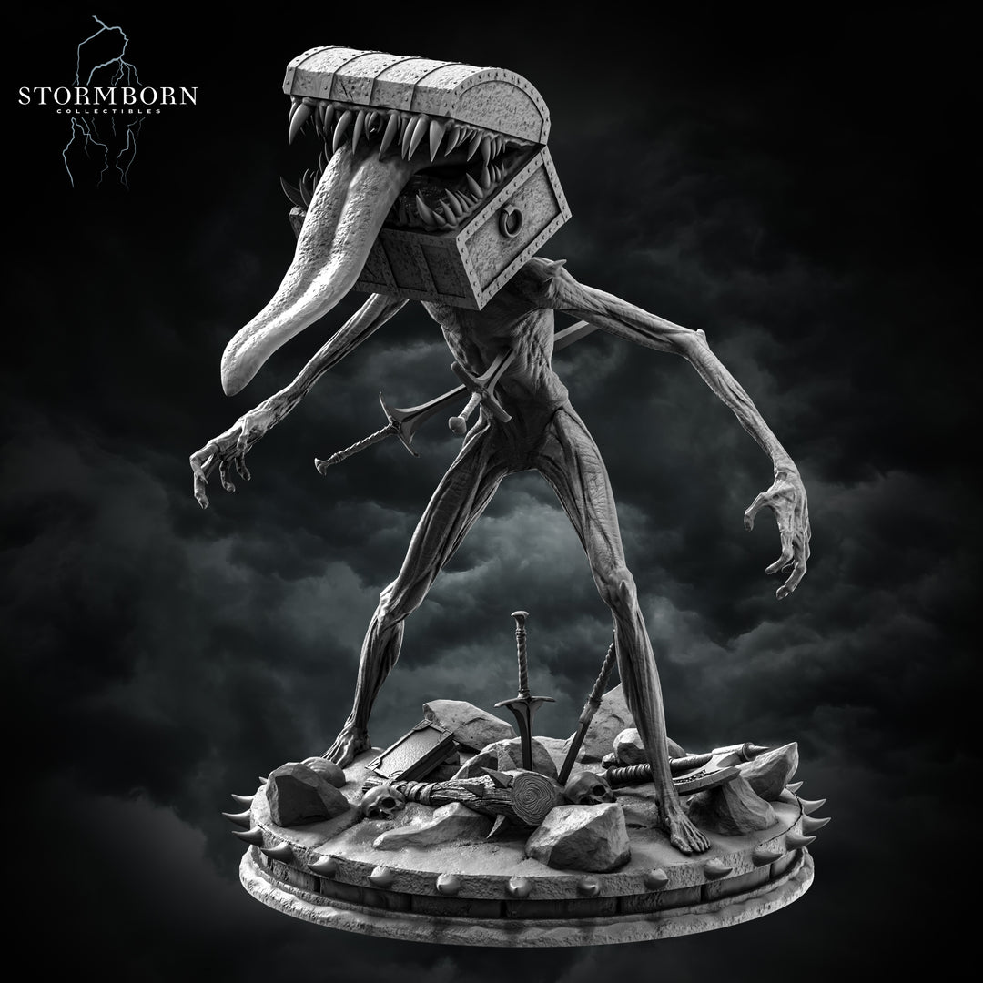 Chest Mimic unpainted resin fantasy miniature by Stormborn Collectibles, 28-32mm DnD tabletop model.