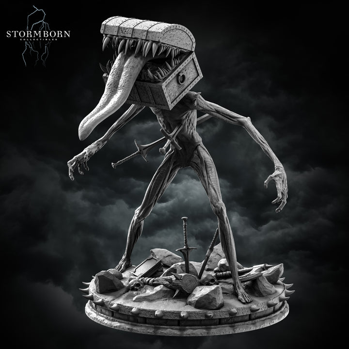 Chest Mimic unpainted resin fantasy miniature by Stormborn Collectibles, 28-32mm DnD tabletop model.