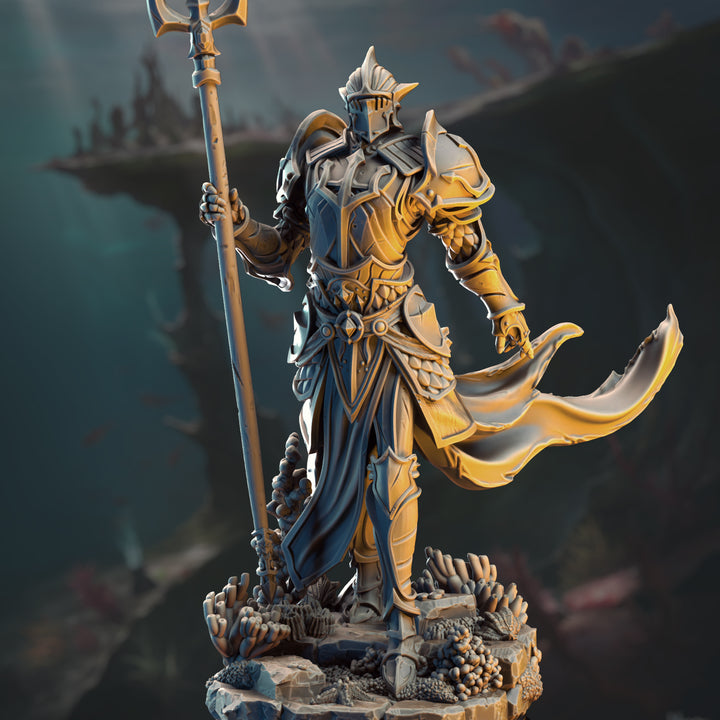Paladin of the Sea - Cylantros Azurius unpainted resin paladin miniature by DM Stash, 28-32mm DnD tabletop model.