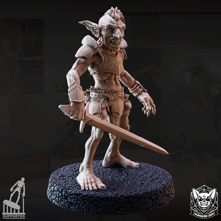 Goblin Raiders Pack unpainted resin orc miniature by Dungeon Dog, 28-32mm DnD tabletop model.