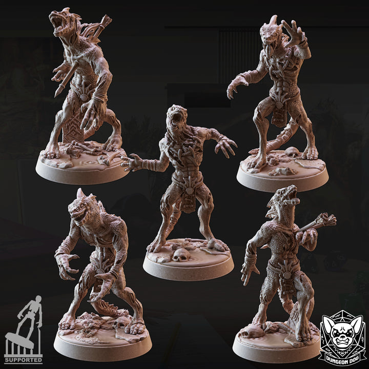 Lizard Zombies unpainted resin undead miniature by Dungeon Dog, 28-32mm DnD tabletop model.