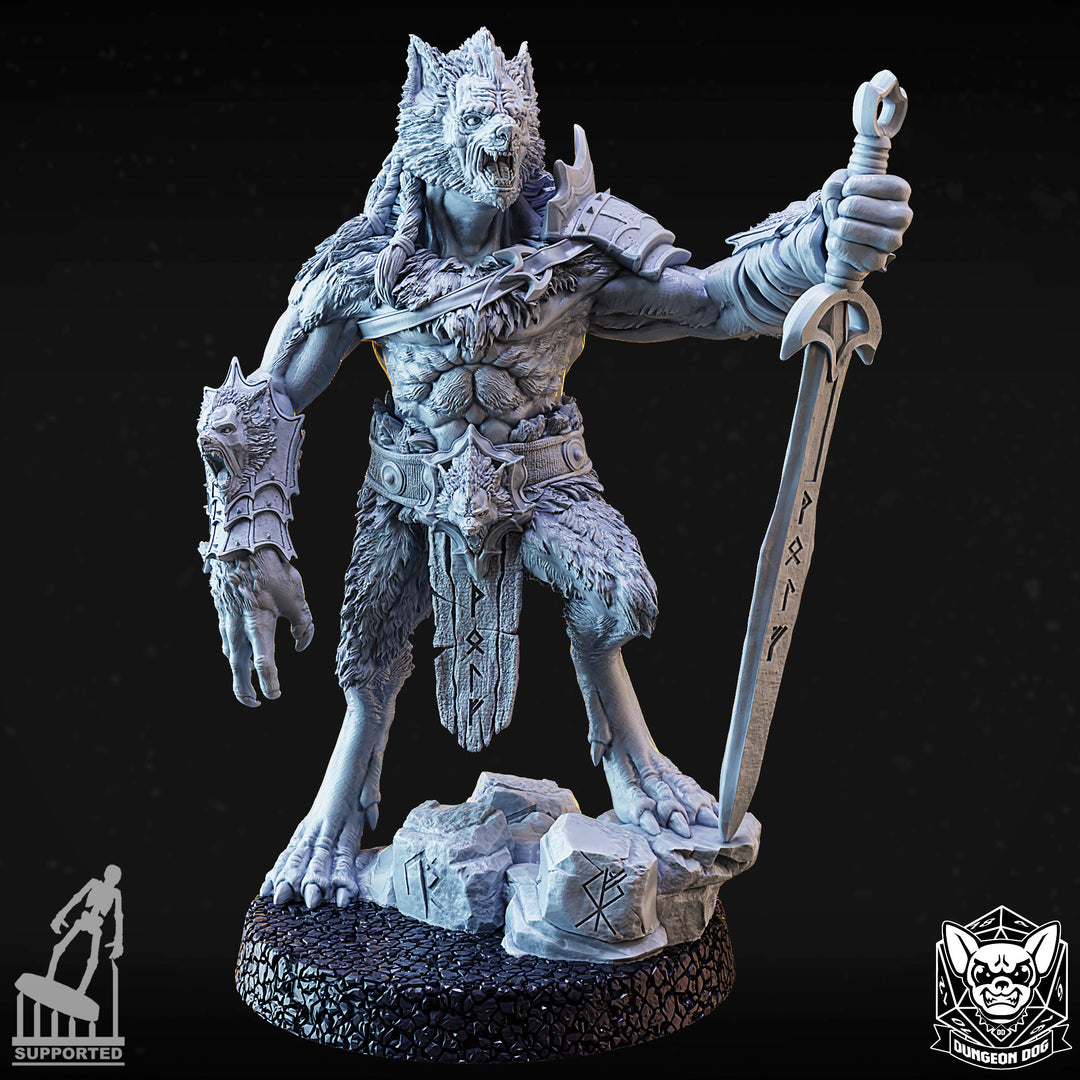 Werewolf Alpha unpainted resin fantasy miniature by Dungeon Dog, 28-32mm DnD tabletop model.
