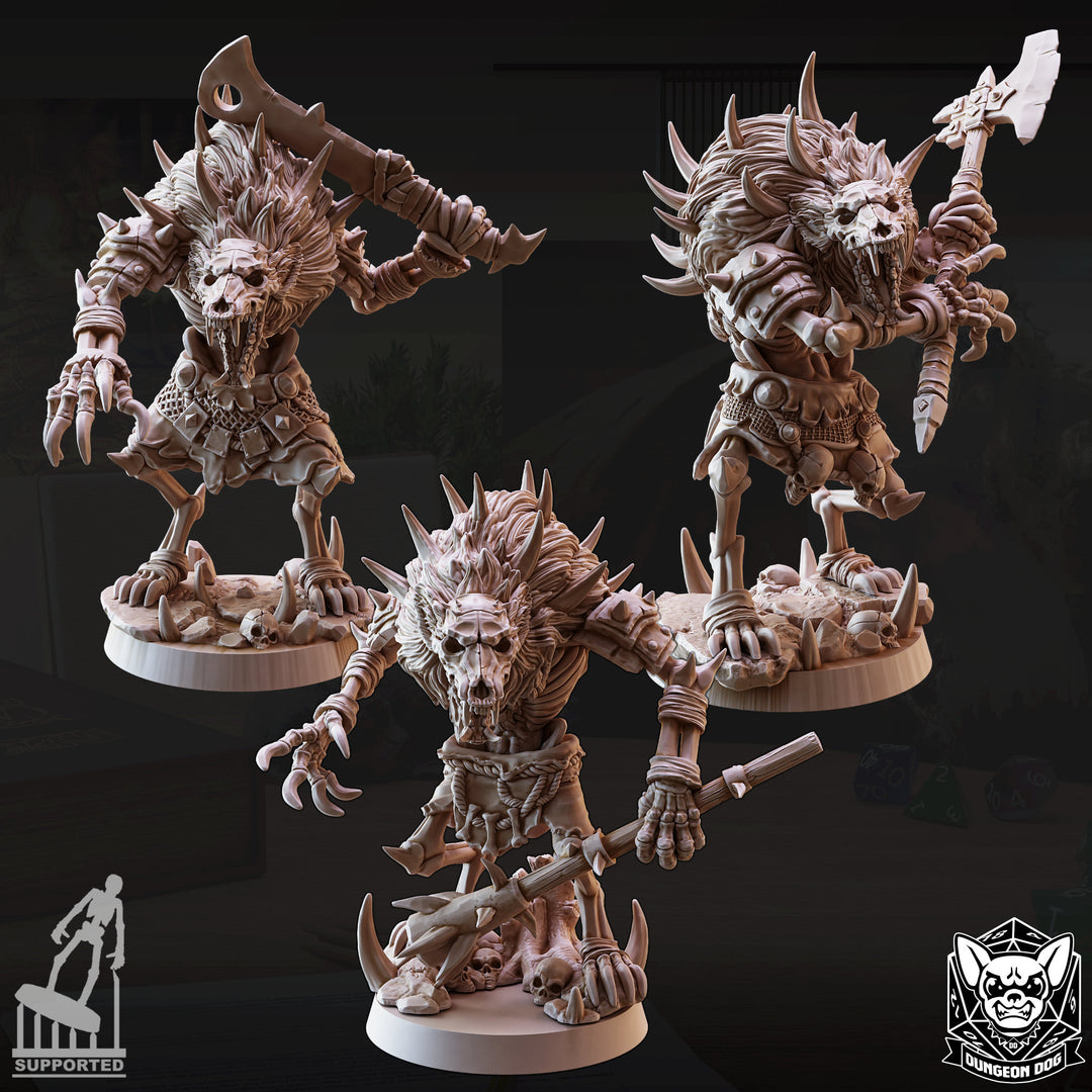 Gnoll Witherlings Band unpainted resin fantasy miniature by Dungeon Dog, 28-32mm DnD tabletop model.