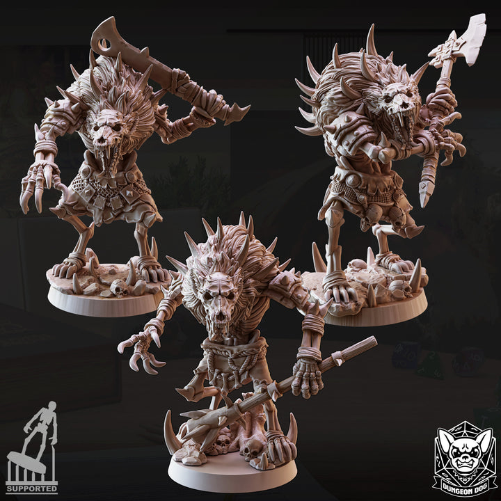 Gnoll Witherlings Band unpainted resin fantasy miniature by Dungeon Dog, 28-32mm DnD tabletop model.