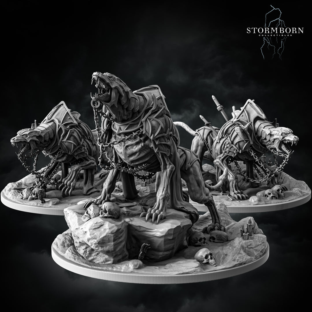 Death Hounds unpainted resin fantasy miniature by Stormborn Collectibles, 28-32mm DnD tabletop model.