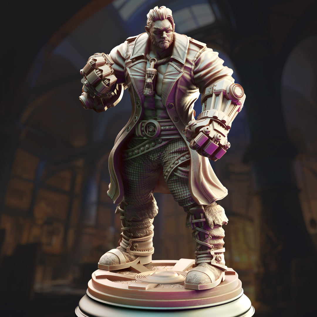 Human Artificer Brawler - Derek Matthews unpainted resin artificer miniature by DM Stash, 28-32mm DnD tabletop model.