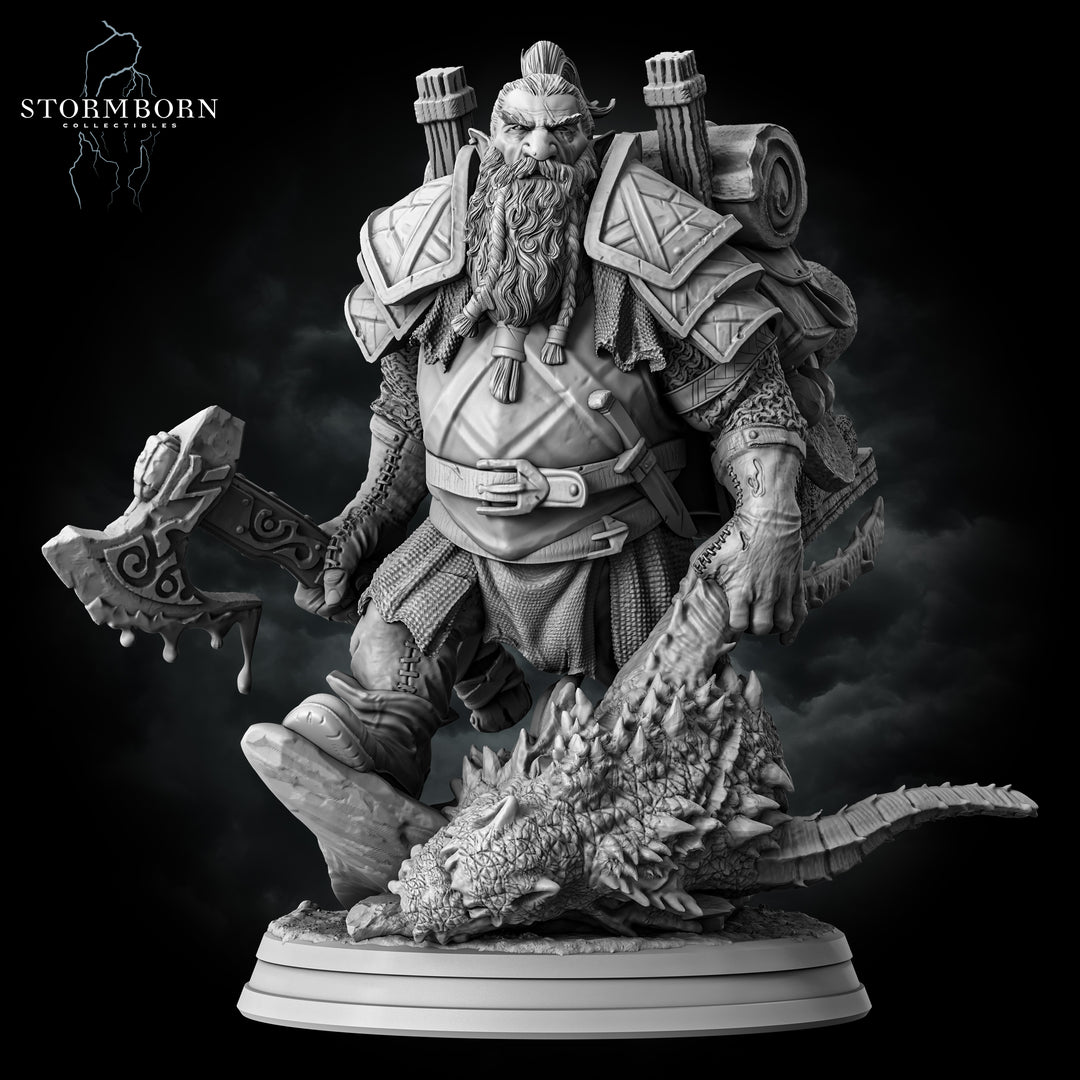 Dwarven Dragon Hunter unpainted resin dwarf miniature by Stormborn Collectibles, 28-32mm DnD tabletop model.