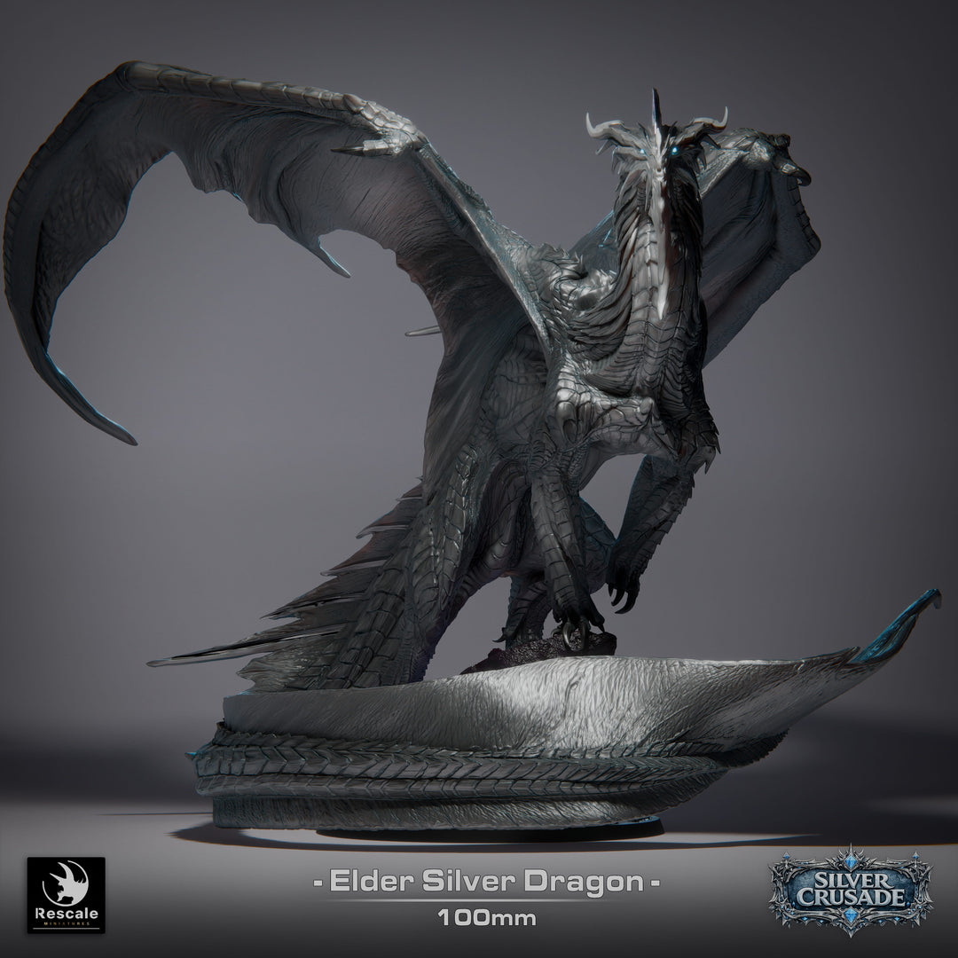 Elder Silver Dragon unpainted resin dragon centerpiece miniature by Rescale Miniatures, 28-32mm DnD tabletop model.