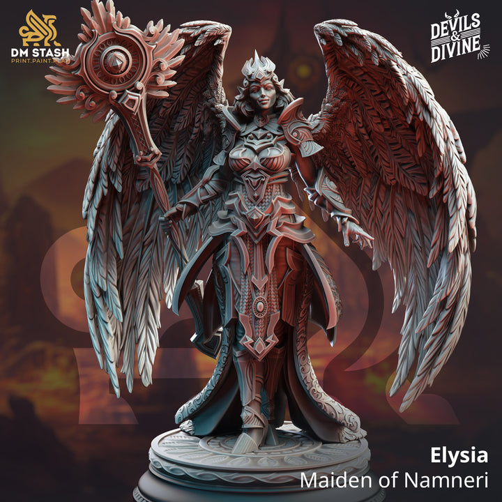 Aasimar Angelic Cleric - Elysia unpainted resin angel miniature by DM Stash, 28-32mm DnD tabletop model.
