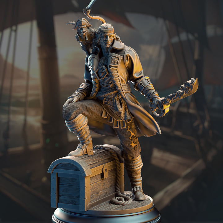 Water Genasi Pirate Scoundrel - Ervin "Wave Dancer" Barton unpainted resin character miniature by DM Stash, 28-32mm DnD tabletop model.