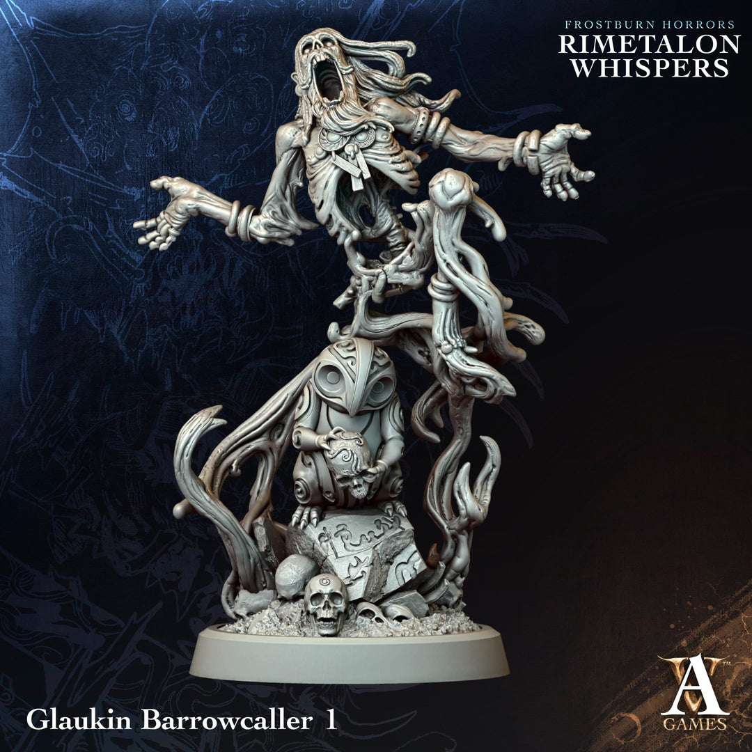 Glaukin Barrowcallers unpainted resin fantasy miniature by Archvillain Games, 28-32mm DnD tabletop model.
