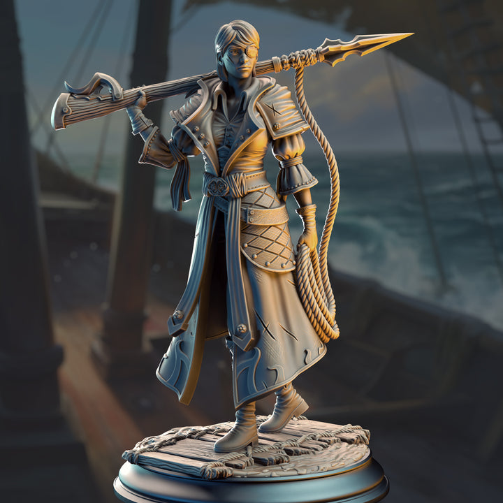 Pirate Harpoon Marksman - Fiona "Dead-Eye" Stuttgart unpainted resin character miniature by DM Stash, 28-32mm DnD tabletop model.