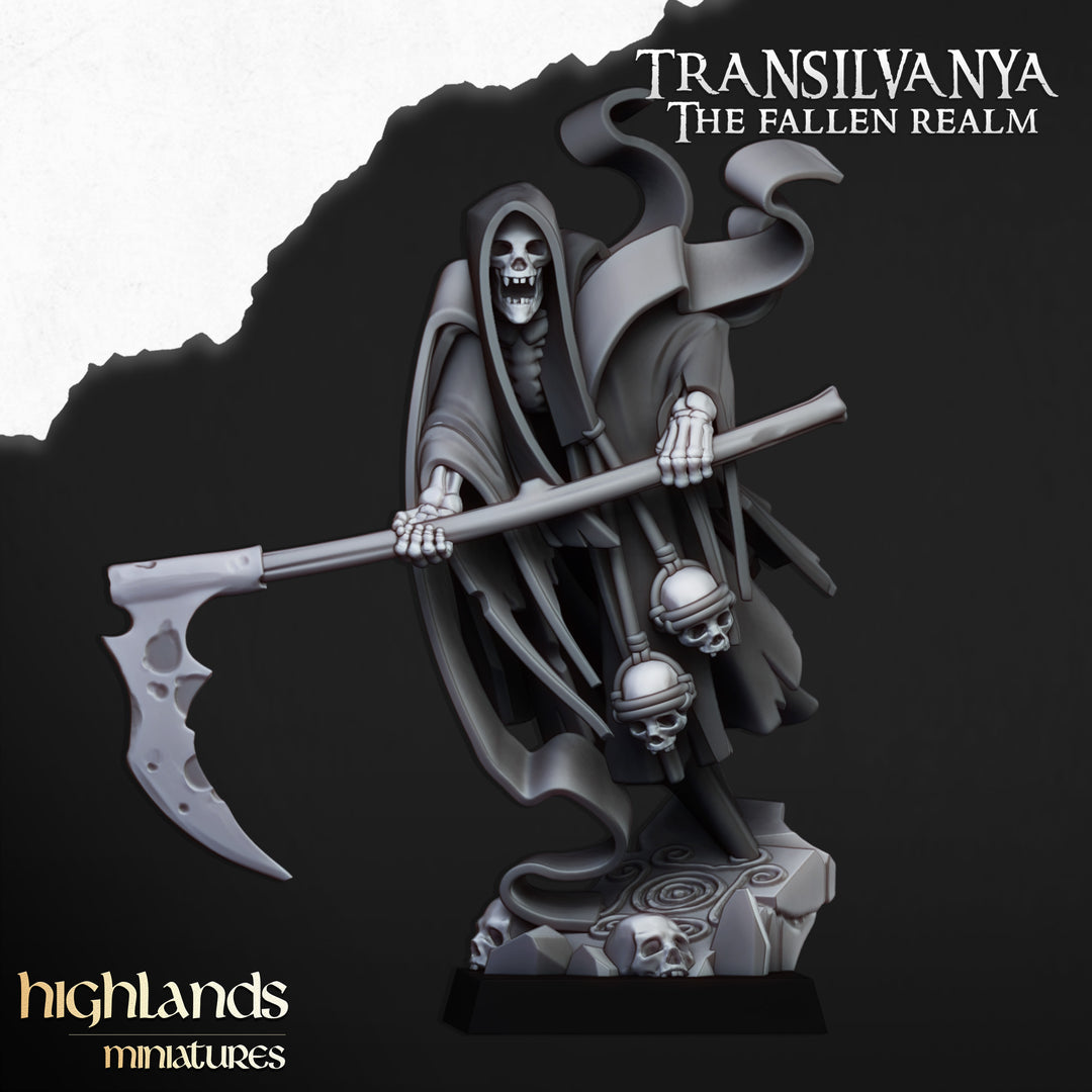 Grim Reaper unpainted resin undead miniature by Highlands Miniatures, 28-32mm DnD tabletop model.