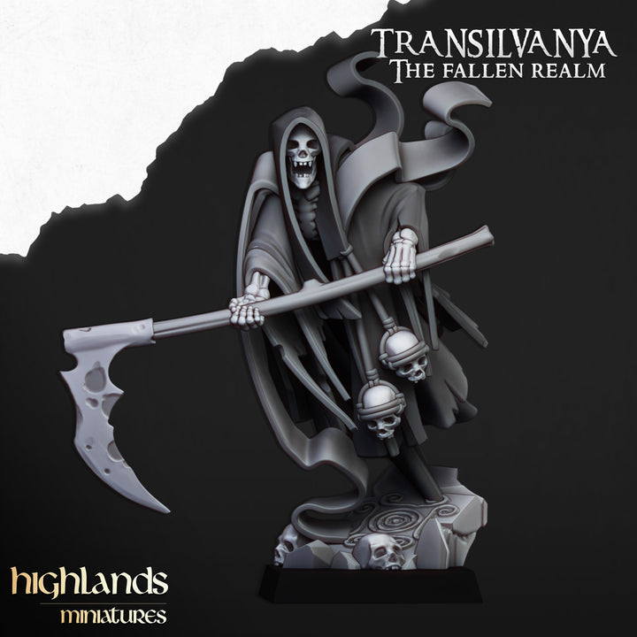 Grim Reaper unpainted resin undead miniature by Highlands Miniatures, 28-32mm DnD tabletop model.