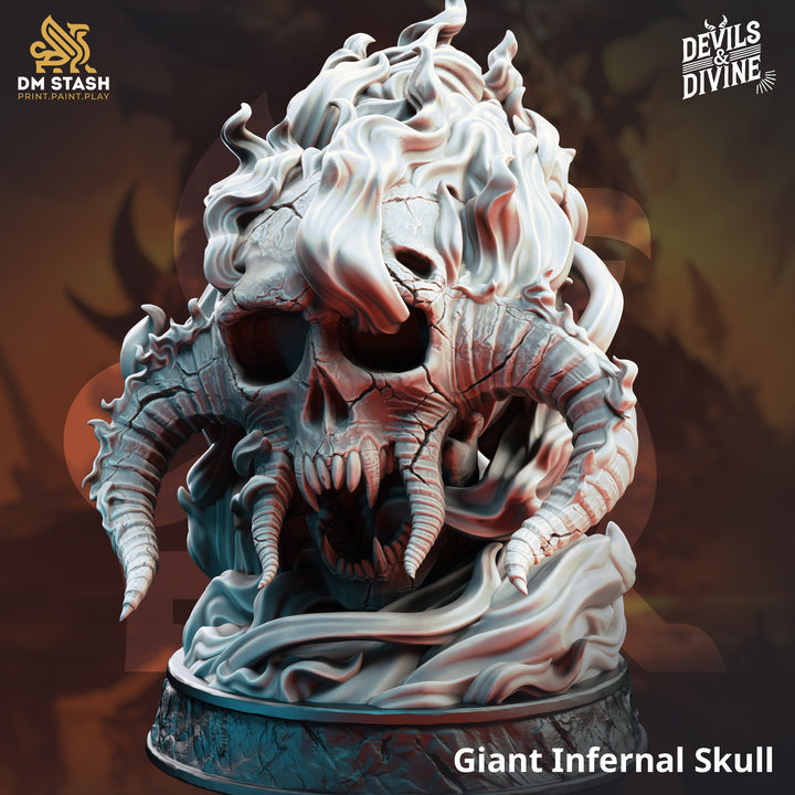 Giant Flaming Infernal Skull unpainted resin demon miniature by DM Stash, 28-32mm DnD tabletop model.