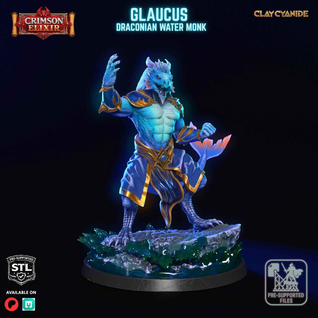 Glaucus - Draconican Water Monk unpainted resin dragonborn miniature by Clay Cyanide, 28-32mm DnD tabletop model.