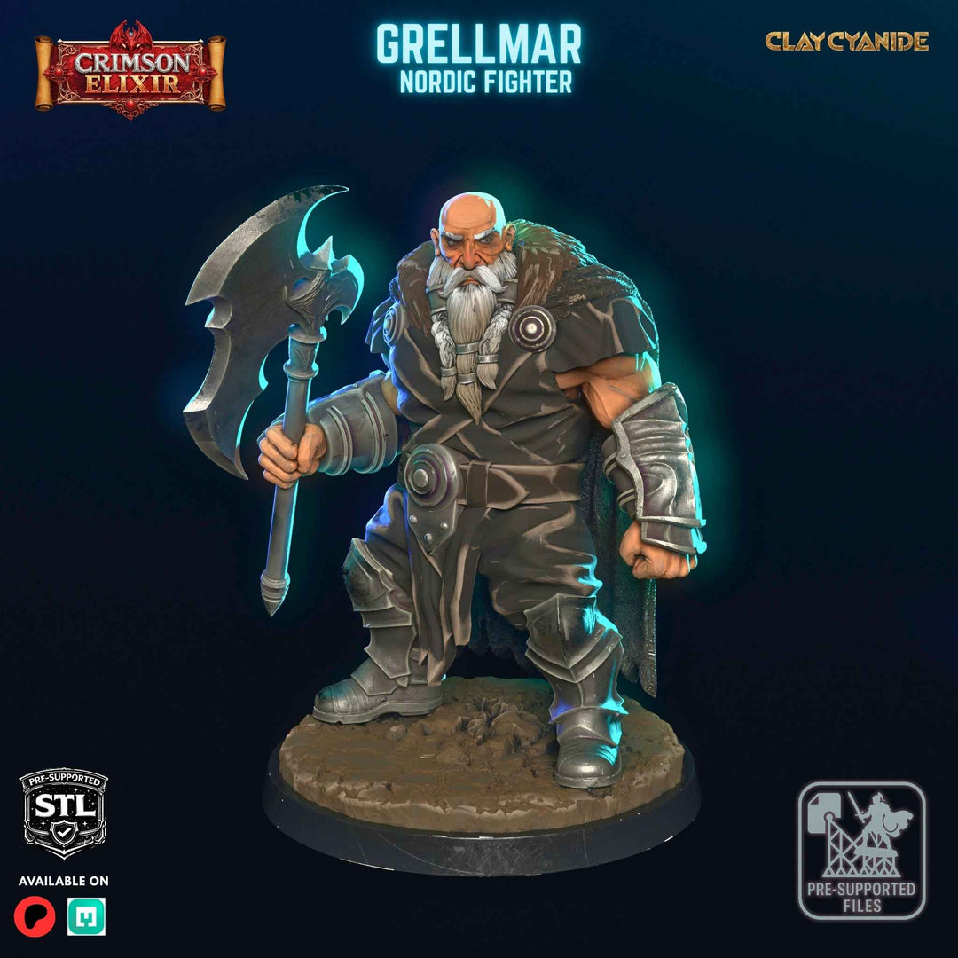 Grellmar - Nordic fighter unpainted resin fighter miniature by Clay Cyanide, 28-32mm DnD tabletop model.