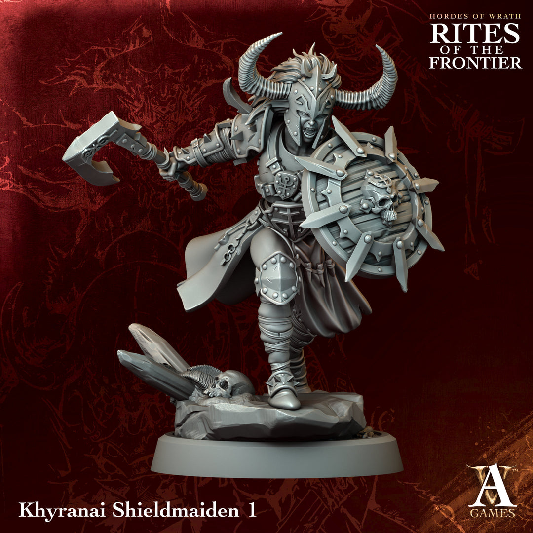 Khyranai Shieldmaidens unpainted resin fantasy miniature by Archvillain Games, 28-32mm DnD tabletop model.