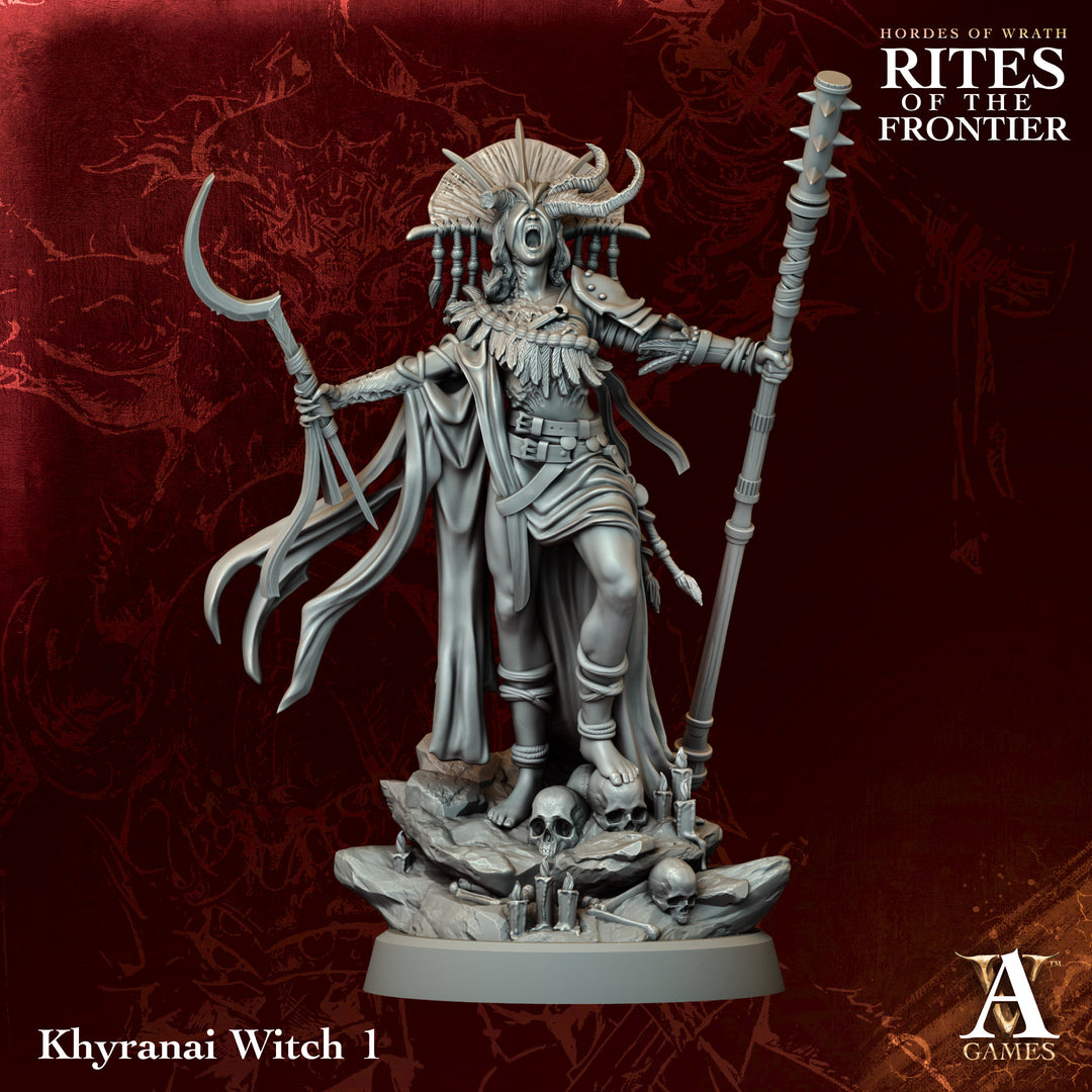 Khyranai Witches unpainted resin witch miniature by Archvillain Games, 28-32mm DnD tabletop model.