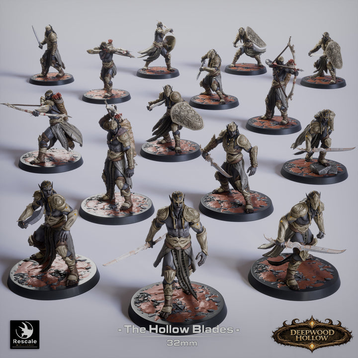 Dark Elves, Hollow Blades unpainted resin elf miniature by Rescale Miniatures, 28-32mm DnD tabletop model.