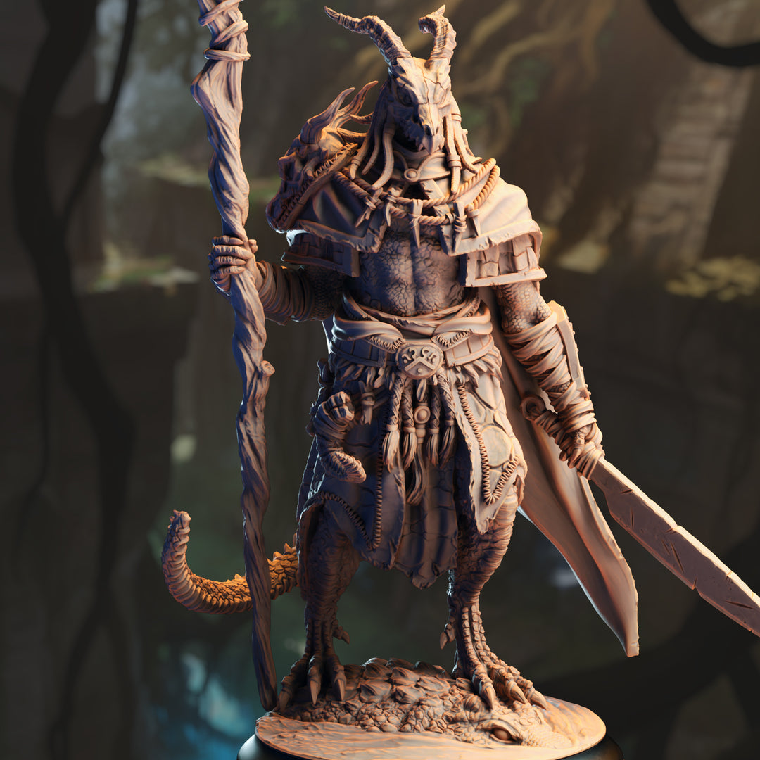 Black Dragonborn Druid - Horzin Ashen-Palm unpainted resin dragonborn miniature by DM Stash, 28-32mm DnD tabletop model.