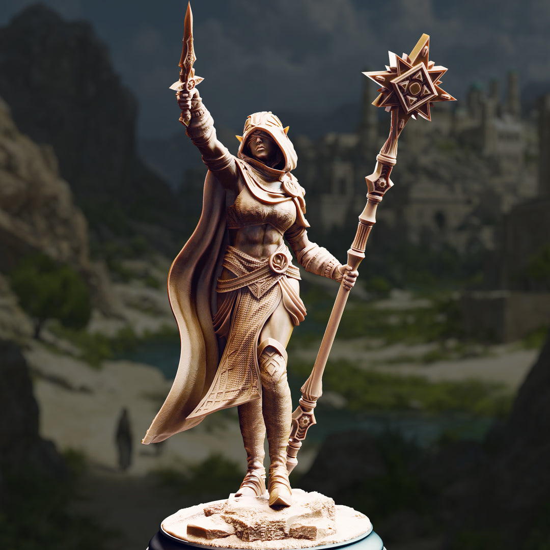 Desert Priestess - Ilisyia of the Tower Dunes unpainted resin elf miniature by DM Stash, 28-32mm DnD tabletop model.