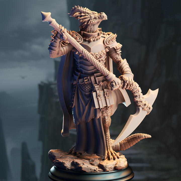 Silver Dragonbron Warlock - Ilvias the Reaper unpainted resin dragonborn miniature by DM Stash, 28-32mm DnD tabletop model.