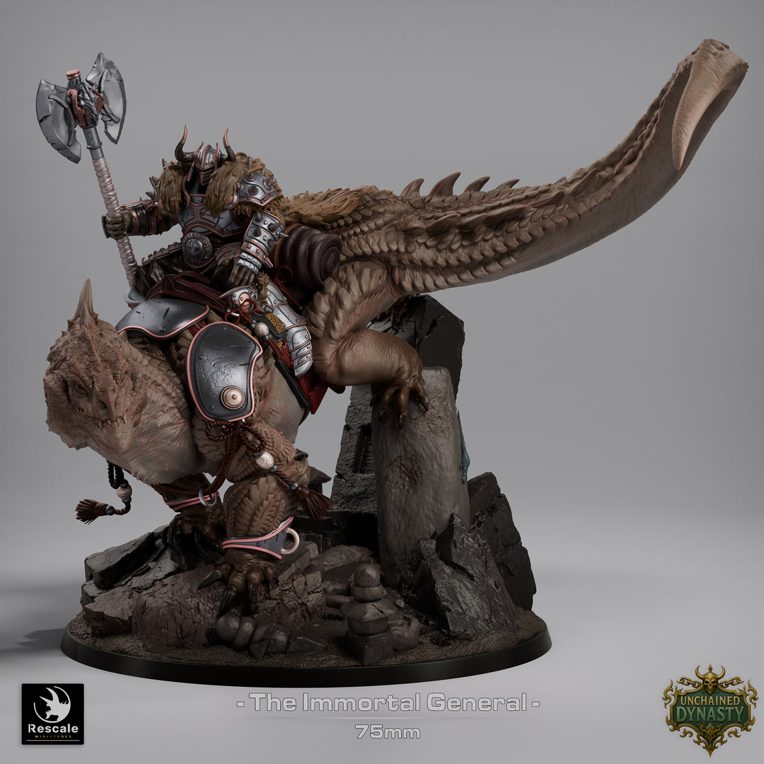 Immortal General & Lizard unpainted resin character miniature by Rescale Miniatures, 28-32mm DnD tabletop model.