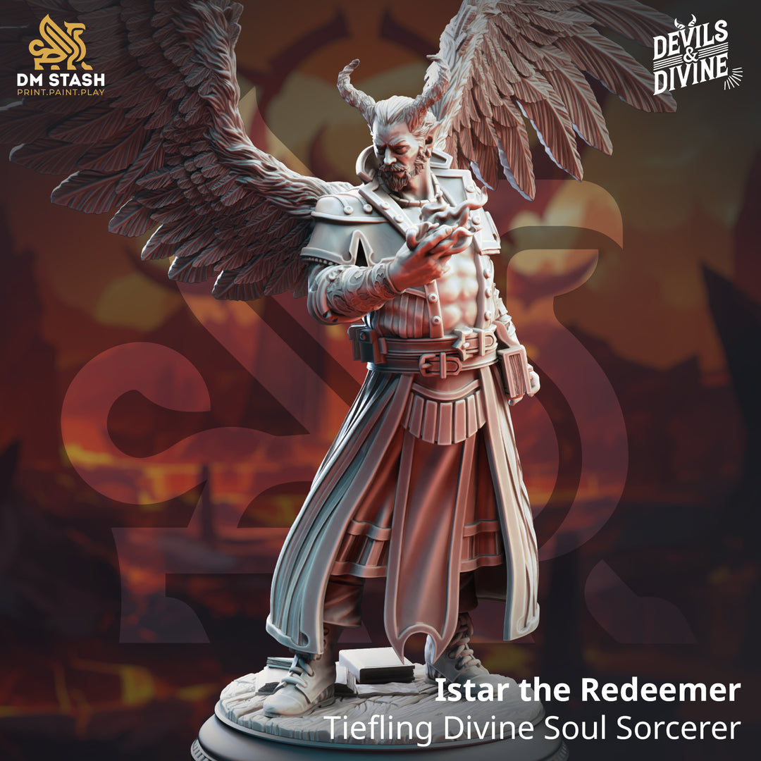 Tiefling Divine Soul Sorcerer - Istar the Redeemer unpainted resin sorcerer miniature by DM Stash, 28-32mm DnD tabletop model.