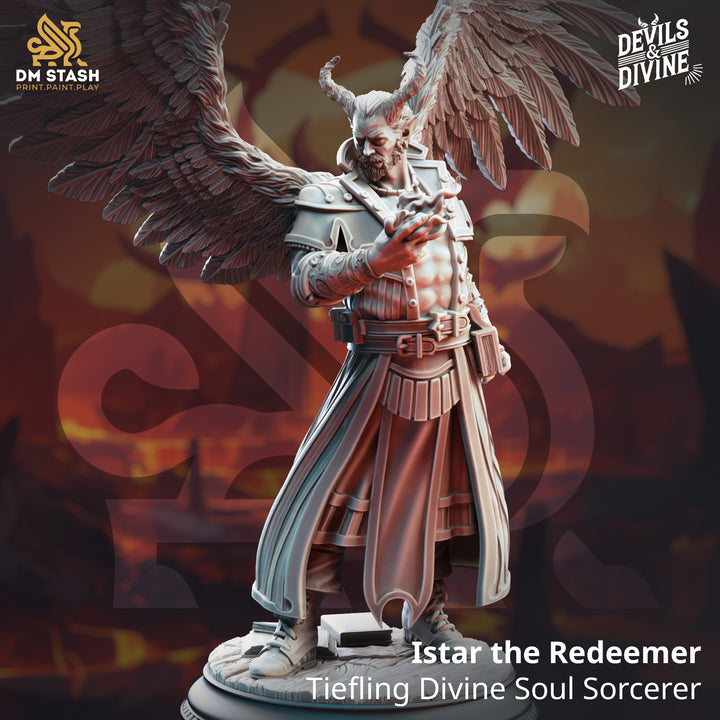 Tiefling Divine Soul Sorcerer - Istar the Redeemer unpainted resin sorcerer miniature by DM Stash, 28-32mm DnD tabletop model.
