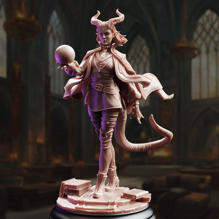 Tiefling Enchantment Sorceress - Ivy Dupré unpainted resin sorcerer miniature by DM Stash, 28-32mm DnD tabletop model.