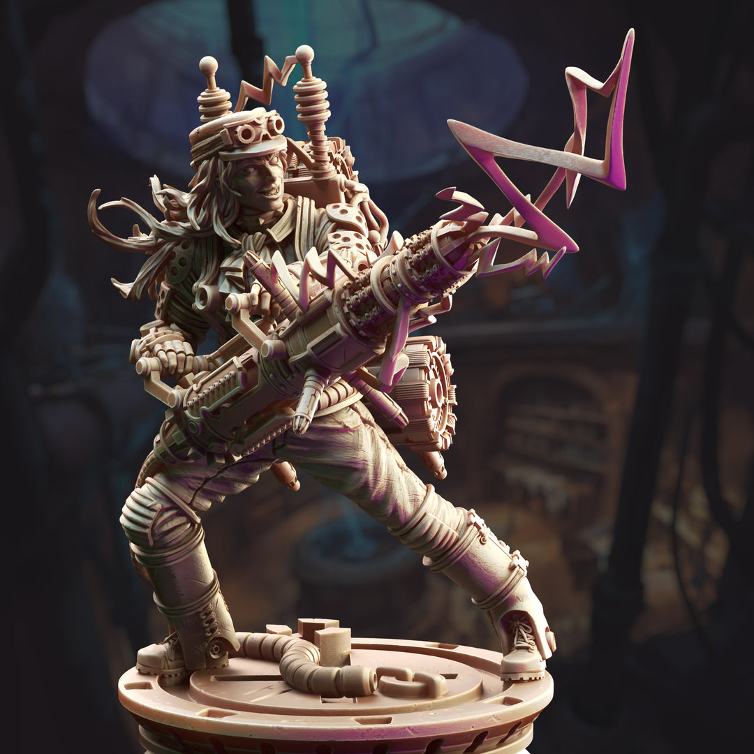 Human Lightning Artificer - Jacquie Sparkes unpainted resin artificer miniature by DM Stash, 28-32mm DnD tabletop model.