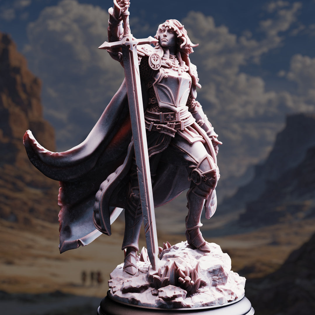 Knight of Justice - Jeanne du Lac (Joan of Arc) unpainted resin knight miniature by DM Stash, 28-32mm DnD tabletop model.