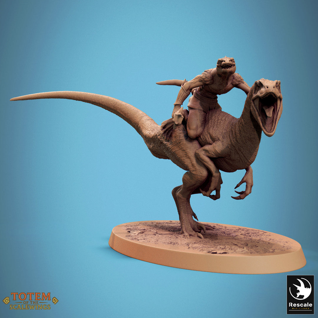 Velociraptor Riders unpainted resin fantasy miniature by Rescale Miniatures, 28-32mm DnD tabletop model.
