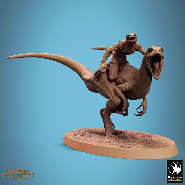 Velociraptor Riders unpainted resin fantasy miniature by Rescale Miniatures, 28-32mm DnD tabletop model.