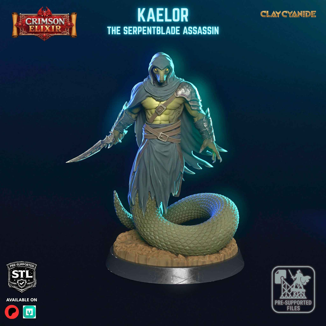 Kaelor - The Serpentblade Assassin unpainted resin assassin miniature by Clay Cyanide, 28-32mm DnD tabletop model.