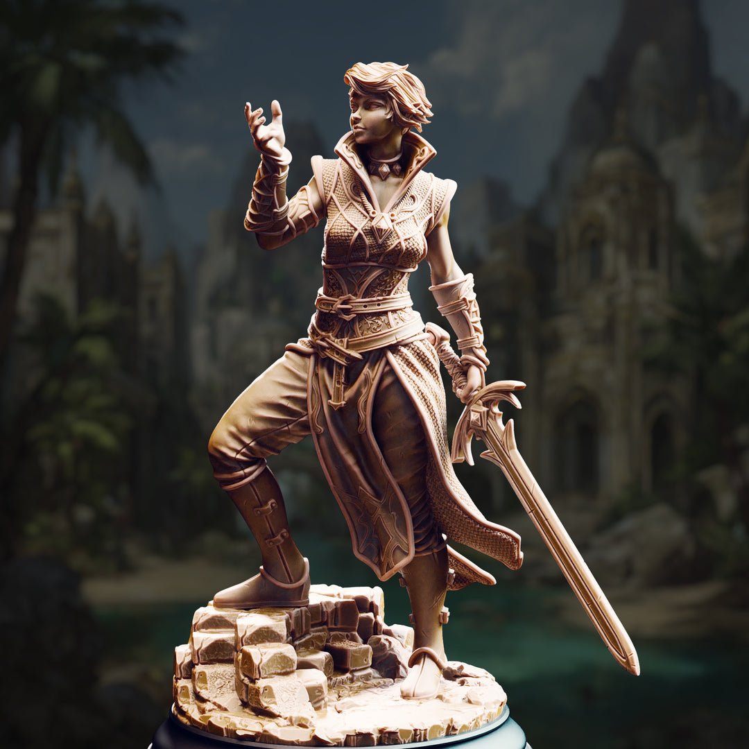 Half Elf Hexblade - Karisia of Timerly unpainted resin elf miniature by DM Stash, 28-32mm DnD tabletop model.
