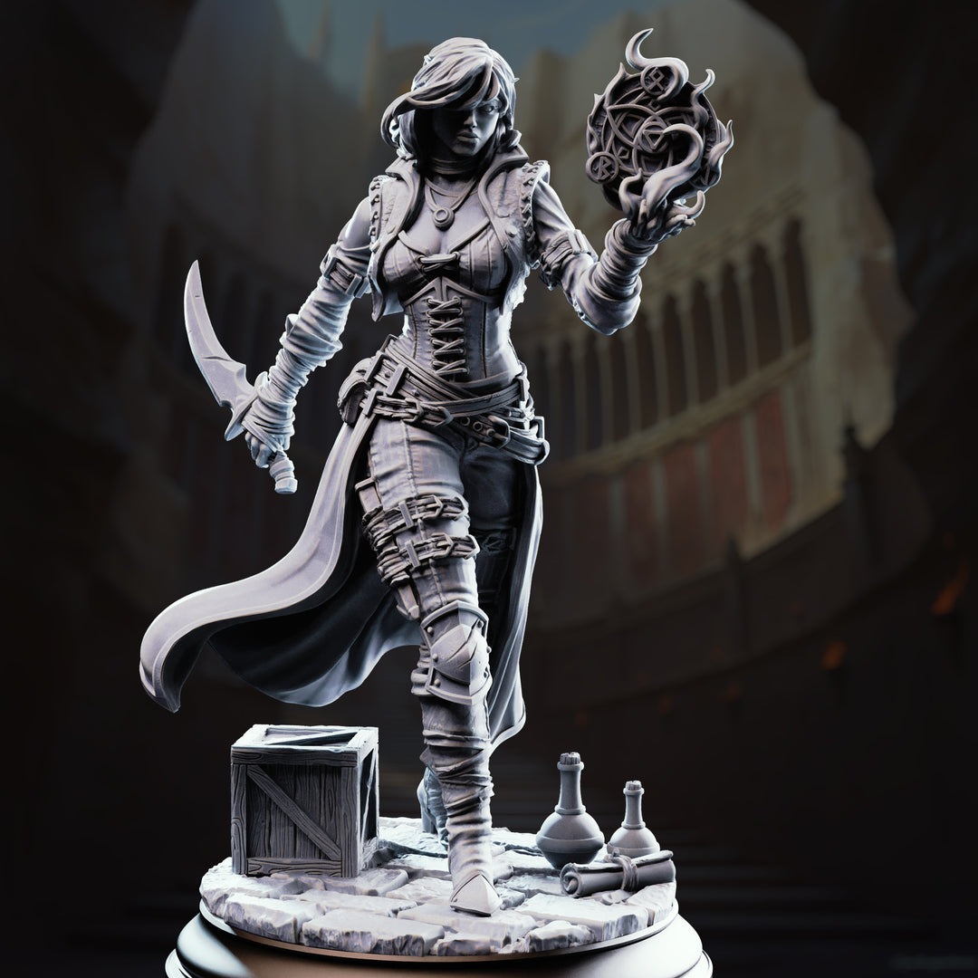 Arcane Trickster Rogue - Kira Solseth unpainted resin rogue miniature by DM Stash, 28-32mm DnD tabletop model.