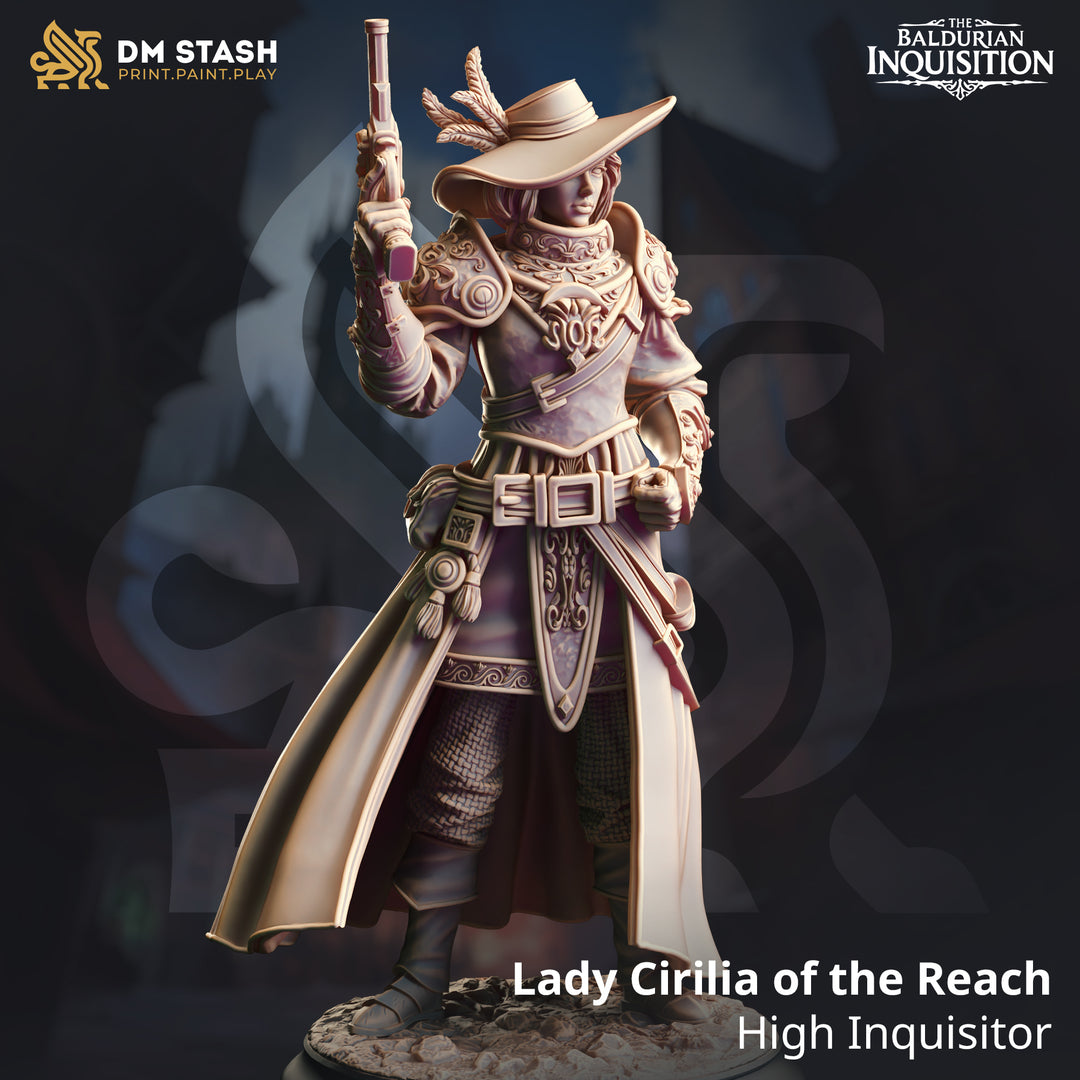 Human High Inquisitor - Lady Cirilla unpainted resin character miniature by DM Stash, 28-32mm DnD tabletop model.