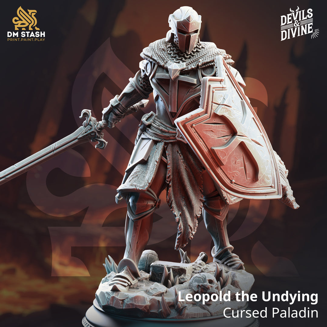 Cursed Paladin of Vengeance - Leopold the Undying unpainted resin paladin miniature by DM Stash, 28-32mm DnD tabletop model.